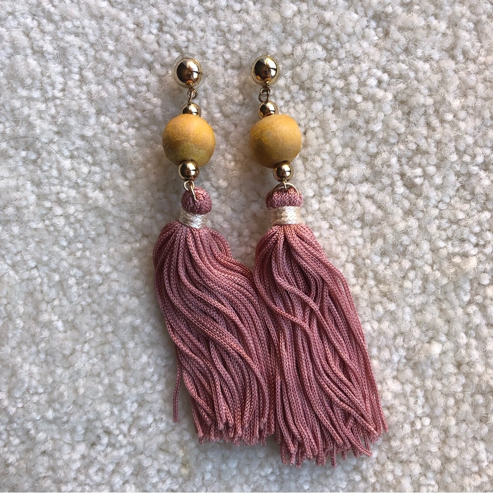 Tassel and textured wood statement earrings